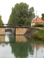 ORCH01 Saone River Lock With Orange Flowers, Roof and Bridge