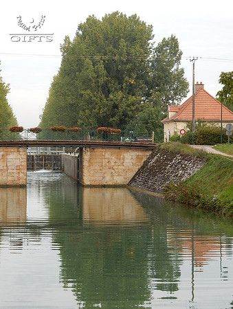 ORCH01 Saone River Lock With Orange Flowers, Roof and Bridge
